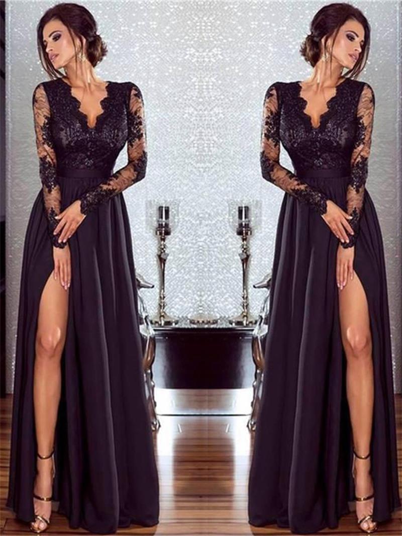 Váy dài nữ 2018 Châu Âu và Mỹ mới đầm dạ hội ren màu tối đầm dài dự tiệc