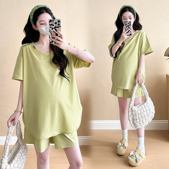 2025夏装新款韩版孕妇装宽松显瘦短袖T恤+短裤两件套时尚纯棉套装