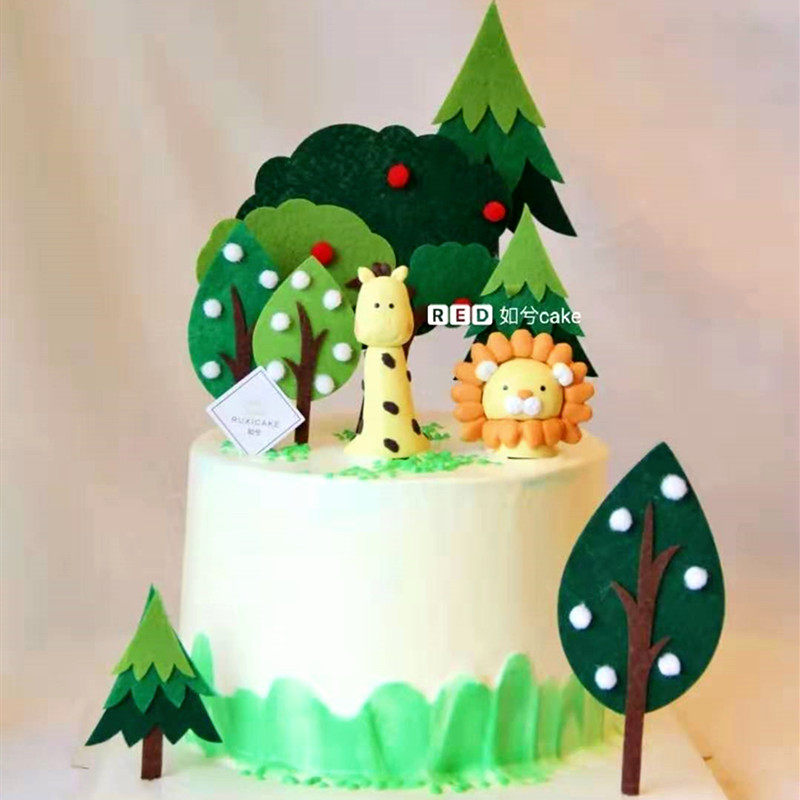 Forest Small Animal Cake Decoration Soft Pottery Lion Panda Giraffe Plugin Small Tree Inserted Children Birthday Dress