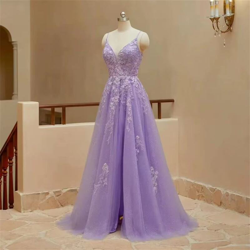 Tulle Lace Applique Ball Gown Women's Long Prom Dresses Spaghetti Straps Corset Backless Evening Dress