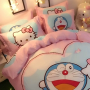 Hello Kitty gia đình hoạt hình của bốn đứa con bông bông chăn KT chào công chúa gió tấm đáng yêu màu hồng 1.8m - Bộ đồ giường bốn mảnh