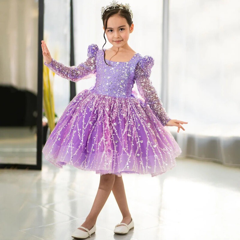 Flower Girl Dresses Purple Sequin Tulle Bow Long Sleeve Wedding Birthday Party Christmas Ball Gown