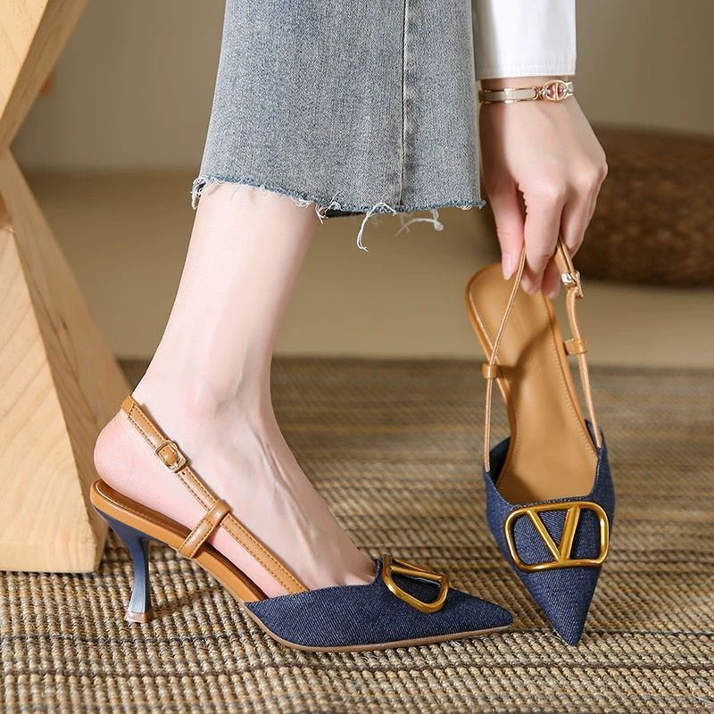 Women's Sandals with French Style, 2025 New Model, Pointed Toe High Heels, Thin Heels, Trendy Denim Fashion Closed-Toe Shoes