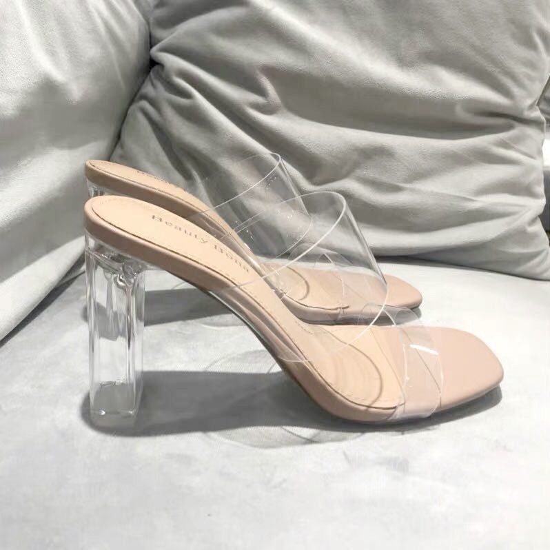 Transparent High-Heeled Women's Sandals 2024 Summer New Style Medium Heel Single Strap Thick Heel Large Size Crystal High-Heeled Slippers for Women Transparent High-Heeled Women's Sandals 2024 Summer New Style Medium Heel Single Strap Thick Heel Large Size Crystal High-Heeled Slippers for Women