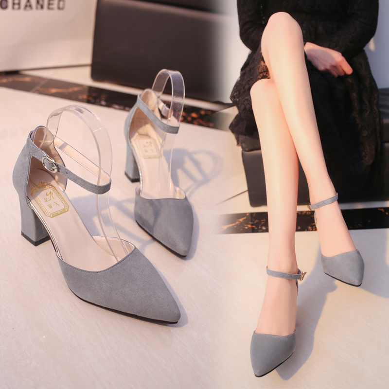 Mùa xuân và mùa thu Hàn Quốc của sandal mũi nhọn da lộn Baotou với giày cao gót có khóa rỗng với đế dày với giày đơn nữ mùa hè dép đế xuồng