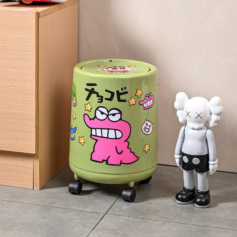 Trendy Dopamine Trash Can, Crayon Shin-Chan Trash Can with Wheels, Movable, with Lid, Cute DIY Matcha Color Trendy Dopamine Trash Can, Crayon Shin-Chan Trash Can with Wheels, Movable, with Lid, Cute DIY Matcha Color