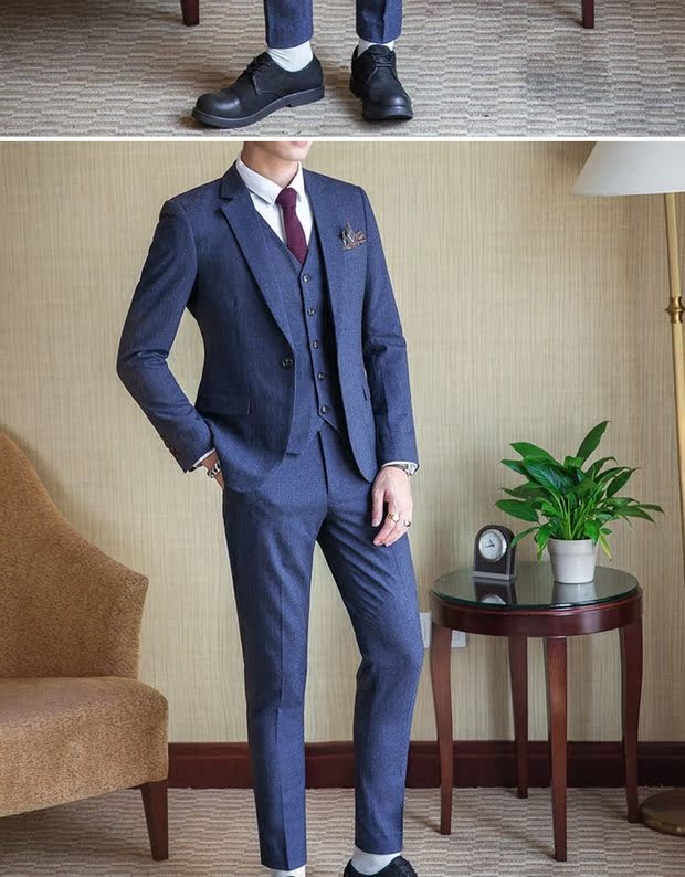 Bộ đồ mùa thu mới phù hợp với nam thanh niên ba mảnh Slim Hàn Quốc bộ đồ giản dị Anh gió retro nóng bỏng bộ vest nam trẻ trung