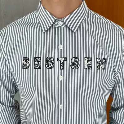 Casual shirt men long sleeve Korean version of slim trend young handsome letter Embroidered striped shirt men business dress