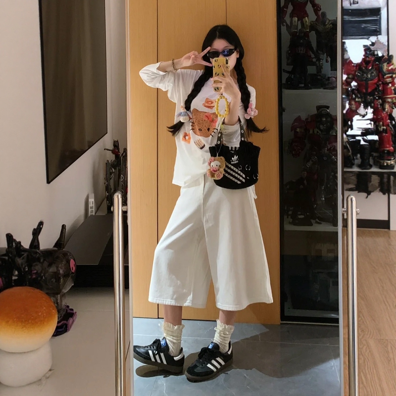 White Straight-Leg Cropped Jeans for Women, Summer Plus Size, High-Waisted, Loose, Slimming, Pear-Shaped Body, Wide-Leg Mid-Length Pants