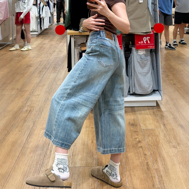 Vintage Blue Cropped Wide-Leg Pants for Women, Summer Plus Size, High-Waisted, Slimming, Loose Straight-Leg Denim Mid-Length Pants