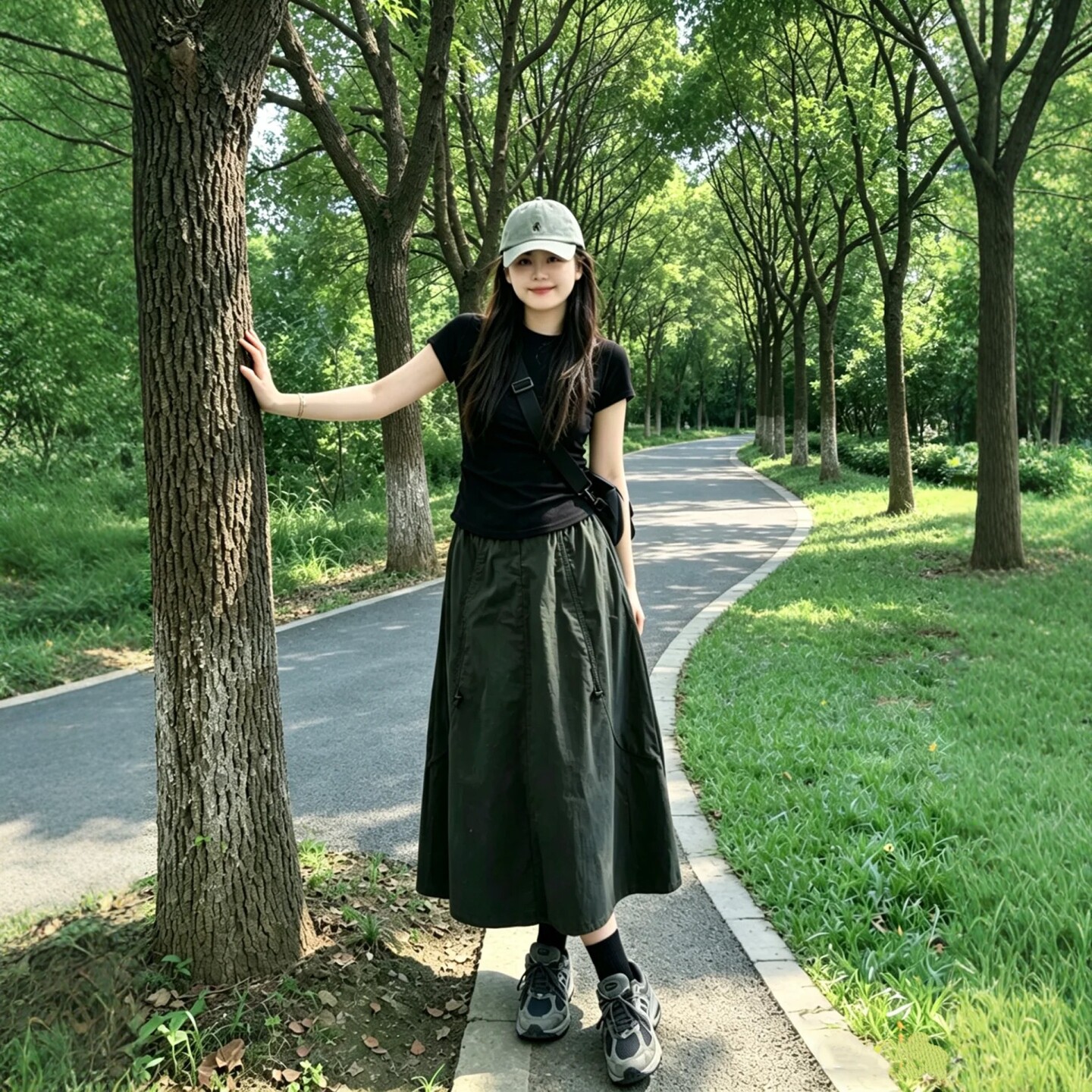 绿色工装裙女夏季大码胖mm高腰宽松显瘦梨型身材中长款a字半身裙