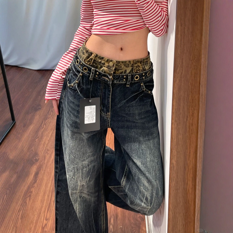 American Retro Leopard Print Double Waistband Wide-Leg Jeans for Women, Spring Plus Size, High-Waisted, Loose, Slimming Straight-Leg Pants