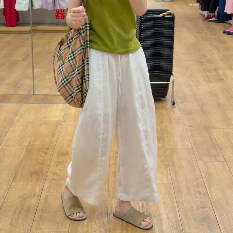 White Linen Wide-Leg Pants for Women, Summer Thin Style, Plus Size, High-Waisted, Slimming, Petite, Sun-Protective, Cropped Casual Pants