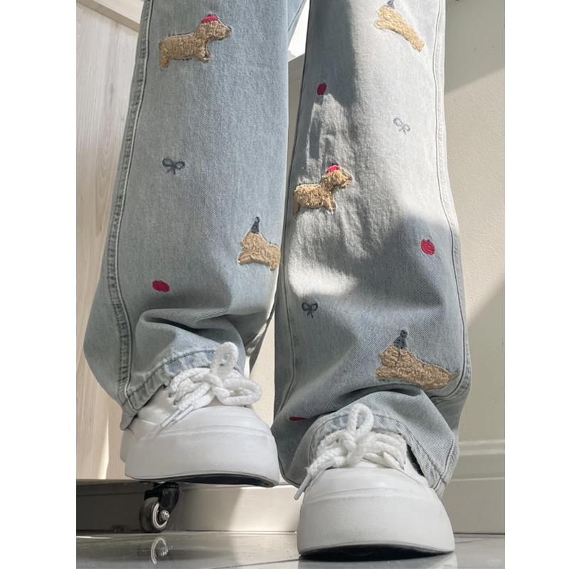 Dachshund Embroidered Straight-Leg Jeans for Women, Autumn and Winter, Fleece-Lined, Thick, Plus Size, High-Waisted, Slimming, Wide-Leg, Floor-Length Pants