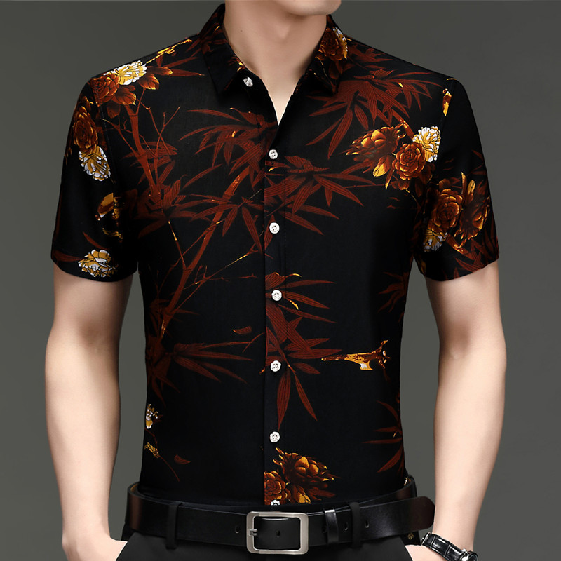 Men's Short-Sleeved Shirt, Summer Trendy Ice Silk Floral Shirt, Loose Fit, Dad-Style Printed Bamboo Leaf Half-Sleeve Shirt