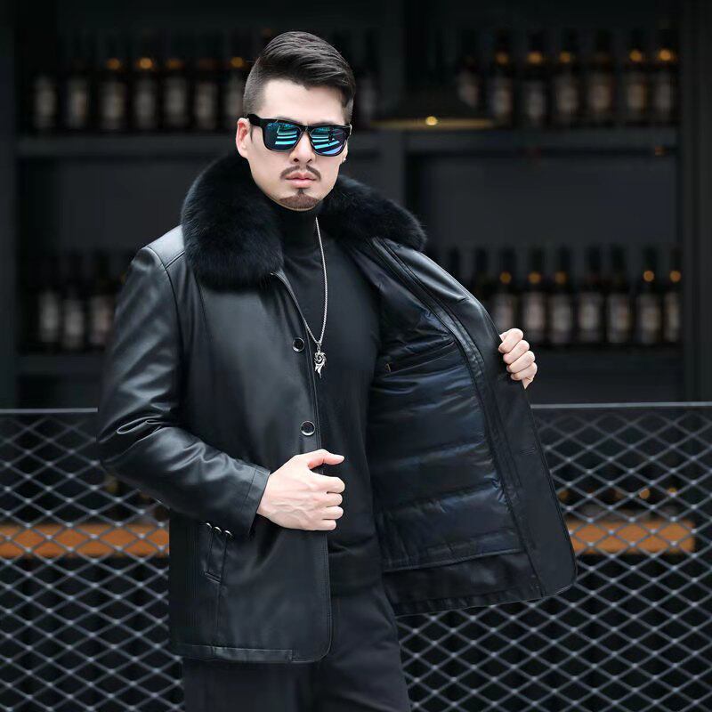 Real leather down jacket male hair collar detachable liner thickened loose middle-aged leather jacket daddy winter clothing leather jacket