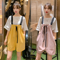 Fatten plus size pregnant women Summer belly loose wide leg shorts 200kg pregnancy T-shirt belly pants set