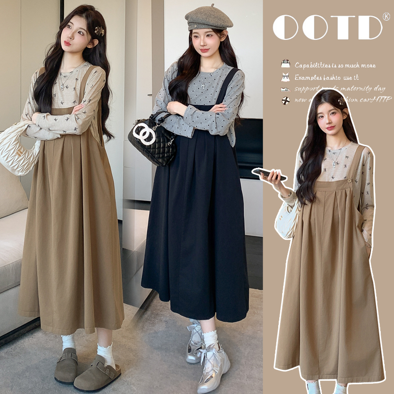 Plus-Size Maternity Suspender Dress Set 2026 Spring and Autumn Long-Sleeve Base Shirt Top and Dress Two-Piece Set 100kg