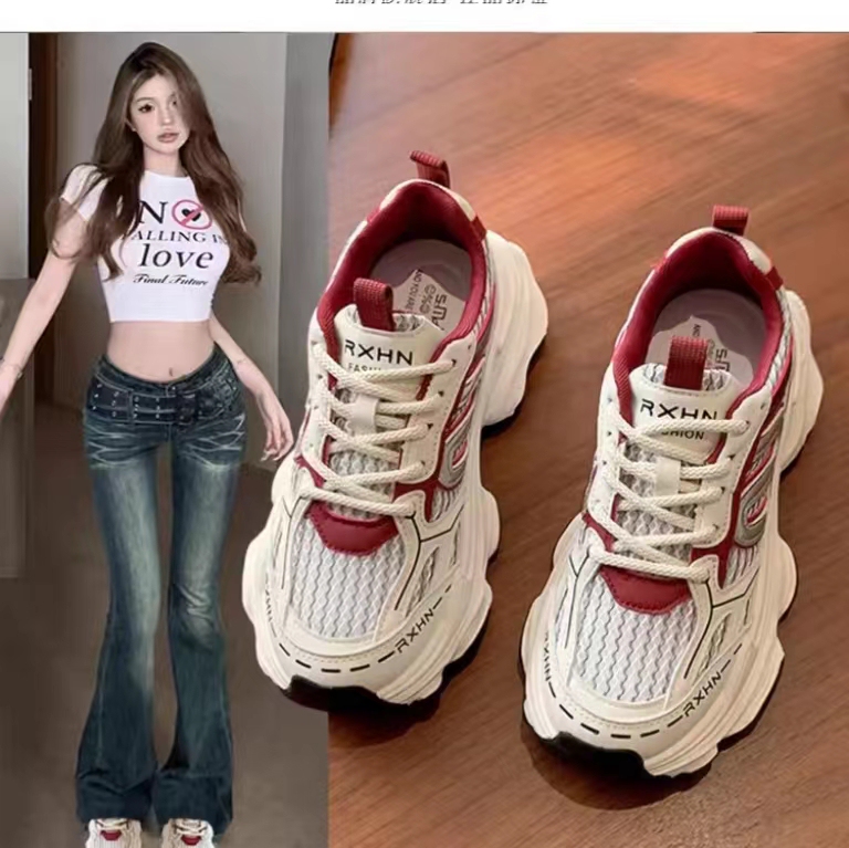 Red Dad Sneakers for Women 2026 Spring/Summer New Style Thick-Soled Height-Increasing Breathable Mesh Street-Style Paris Sneakers