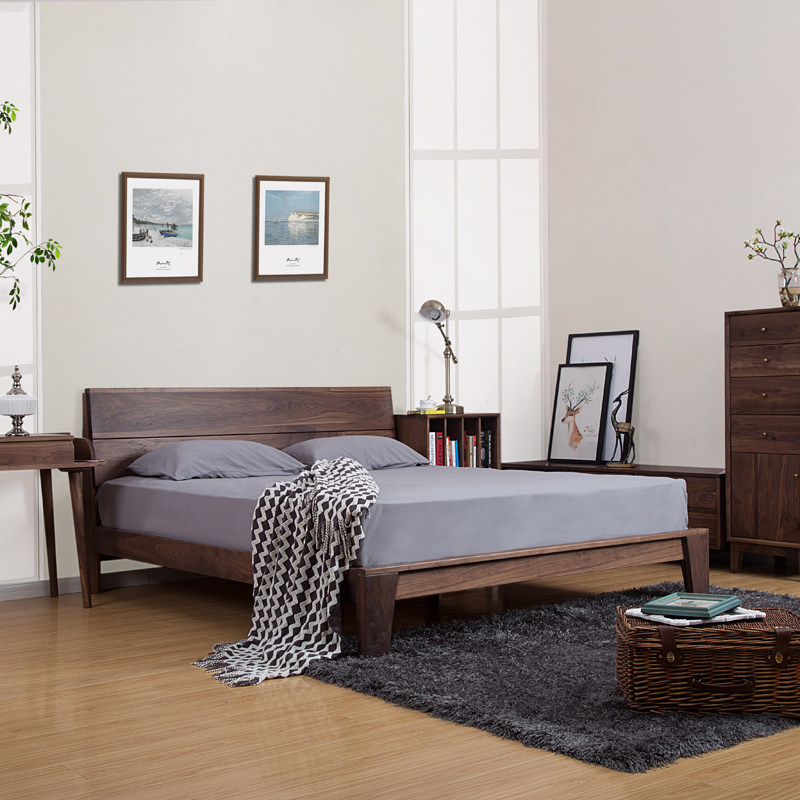 Nordic solid wood bed Simple modern 1 5 meters 1 8 meters Walnut economy oak bed Master bedroom double single bed