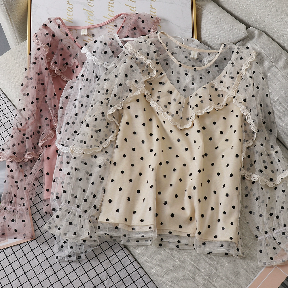 C32 cổ tròn chấm bi xù áo ren khâu giả áo hai dây voan hàng đầu nữ polka dot top - Áo sơ mi chiffon ren