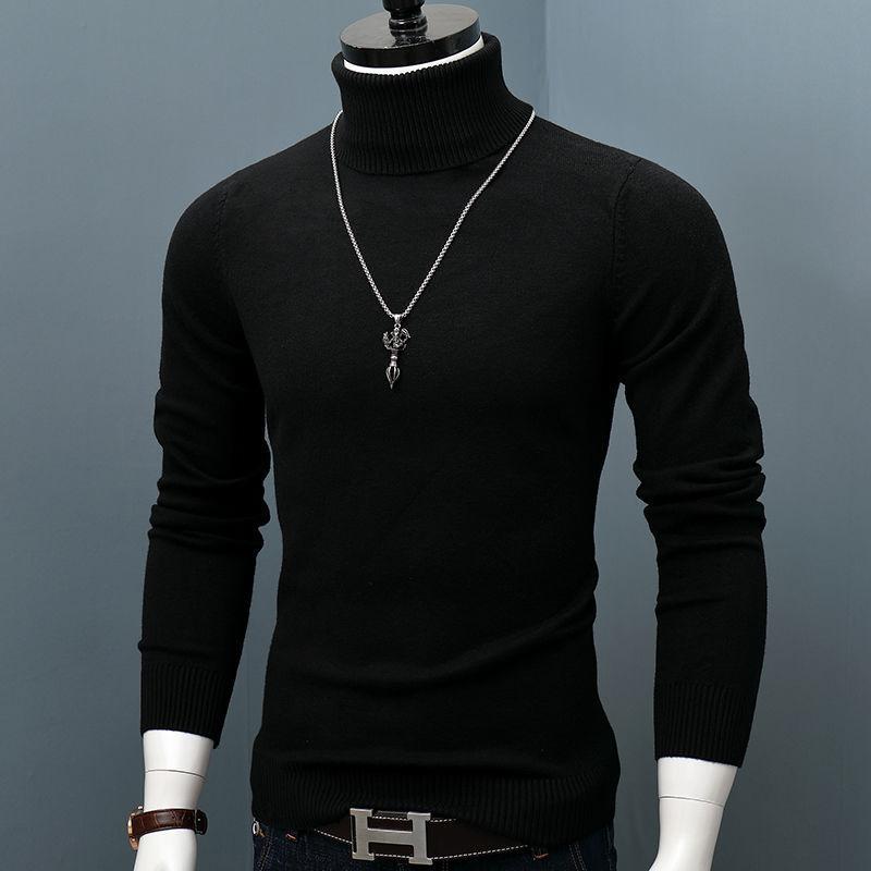 Men's Slim-Fit Base Layer Turtleneck Sweater, Solid Color Stacked Collar Knitwear, Long-Sleeve Korean Style Double-Collar Sweater, Thick Men's Clothing