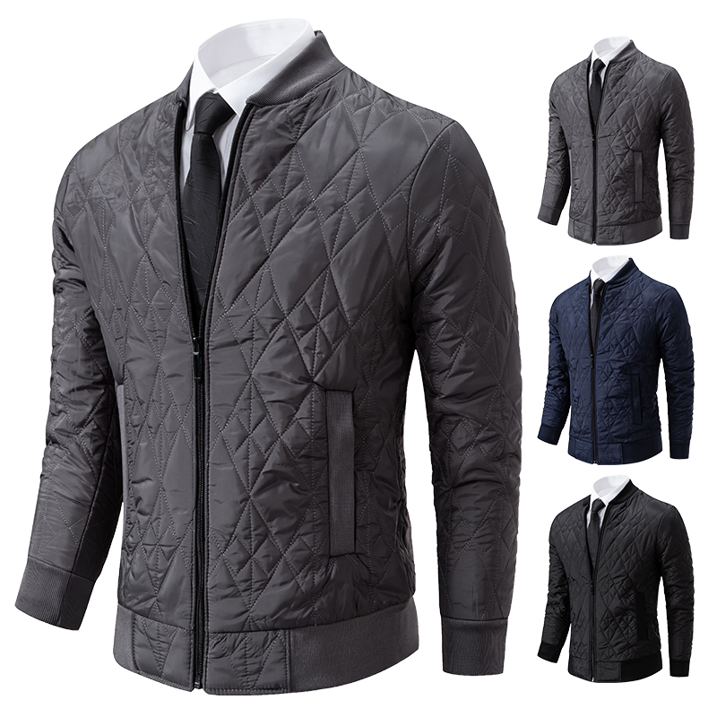 Autumn and Winter Men's Baseball Collar Quilted Diamond-Patterned Jacket, Fashionable Casual Warm Outerwear, Versatile Top