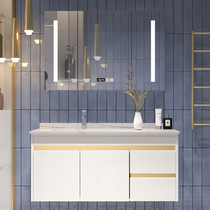 Custom solid wood washbasin cabinet combination bathroom cabinet wash countertop artificial stone rock board washbasin light luxury smart mirror