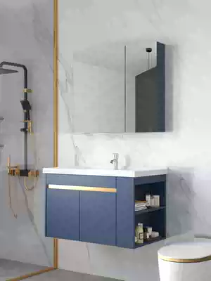 Customized solid wood wash basin cabinet combination bathroom cabinet smart mirror cabinet wash table modern simple washbasin light luxury Blue