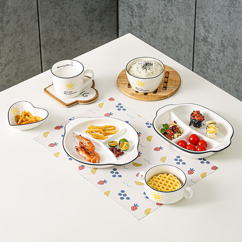 Ceramic Divided Plate for Fast Food, Household Use, Children and Adults Breakfast Tableware, Portion Control, Weight Loss, Three-Compartment Plate Ceramic Divided Plate for Fast Food, Household Use, Children and Adults Breakfast Tableware, Portion Control, Weight Loss, Three-Compartment Plate