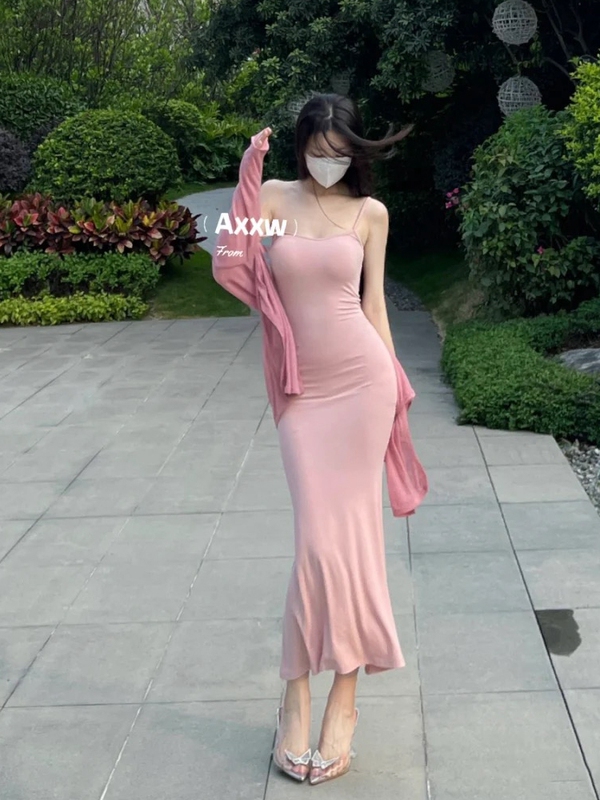 Strappy Dress for Women, Summer Hot Girl Style, Pure and Alluring, Tight-Fitting, Figure-Flattering, Waist-Cinching, Sexy Pink Bodycon Long Dress, Mermaid Dress