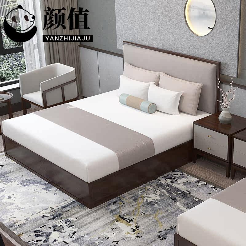 New Chinese B&B Solid Wood Fabric Bed Villa Club Room Double Bed Leisure Sofa Combination Furniture Can Be Customized