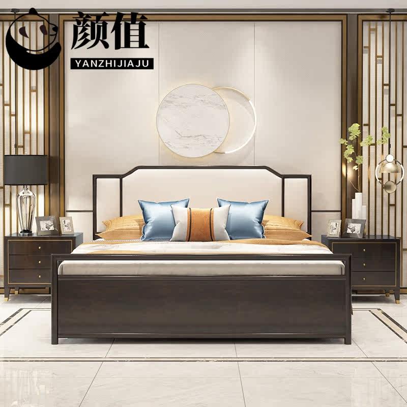 New Chinese style fabric solid wood bed simple 18m double bed master bedroom hotel light luxury wedding bed bedroom furniture