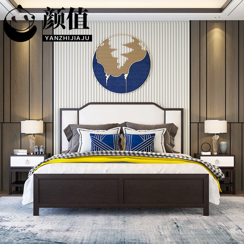 New Chinese-style solid wood 18m bed modern minimalist bed 15m homestay hotel villa master bedroom Zen double bed
