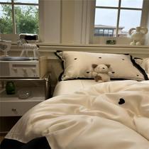 Tingxi) Four-piece set of 100S Tencel sheets and duvet cover with patchwork embroidery black love silky naked sleeping bedding cool feeling