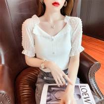 Design sense niche knitwear women 2021 summer new super fairy clavicle lace stitching bubble short sleeve top