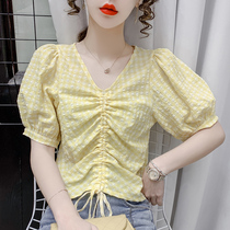 Plaid Shirt Women 2021 Summer Short Sleeve Shirt New French Temperament Drawstring V Collar Bubble Sleeve Short Top