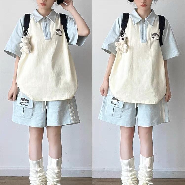 Pure Cotton Girls' Casual Sportswear Suit for Women, Summer College Style Polo Collar Short-Sleeved Shorts Two-Piece Set for Small People Pure Cotton Girls' Casual Sportswear Suit for Women, Summer College Style Polo Collar Short-Sleeved Shorts Two-Piece Set for Small People