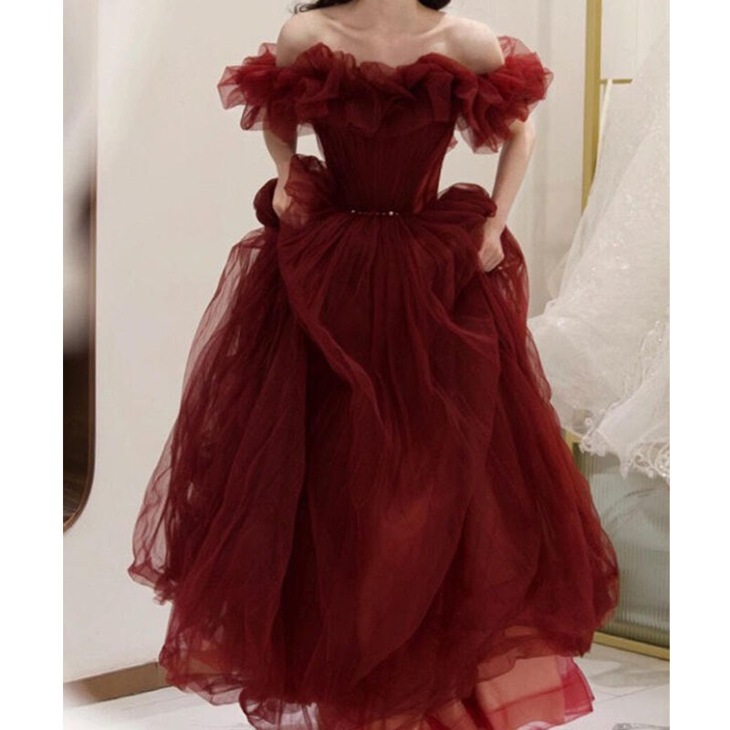 Red Lolita Fairy Wedding Dress Evening Gown Off-Shoulder Birthday Party Coming-Of-Age Ceremony Engagement Dress