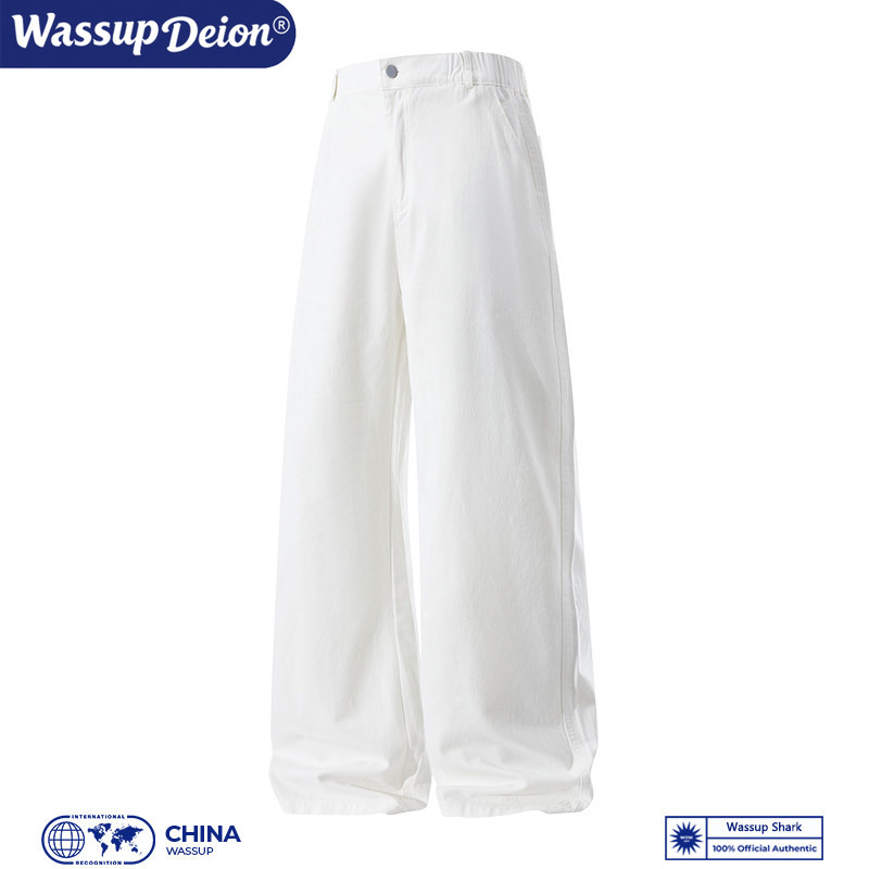 Wassup Deion American-Style White Casual Pants for Men, Spring and Autumn Loose Straight-Leg Wide-Leg Jeans, Pure Cotton Pants, Trendy