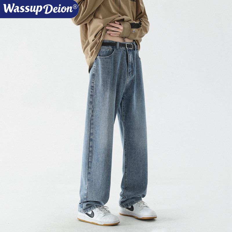 Wassupdeio American Retro Washed Jeans for Men, Summer High Street Straight Wide-Leg Pants, Trendy Casual Long Pants Wassupdeio American Retro Washed Jeans for Men, Summer High Street Straight Wide-Leg Pants, Trendy Casual Long Pants