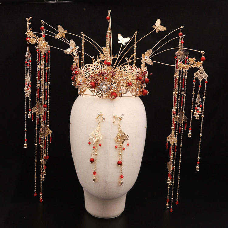 Xiuhe dress Bridal headdress Female Chinese phoenix crown butterfly Red bead stream Suxian Wedding photo Studio Simple dragon and phoenix hanging accessories