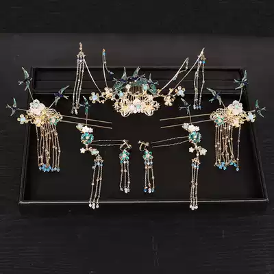 Ancient costume Hanfu headdress Xiuhe bride Chinese style simple head crown suit tassel stride blue Magpie Ming hair cap