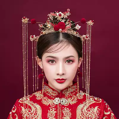 Chinese wedding handmade red pompom show headdress ancient dress hair accessories Bride wedding retro court accessories women