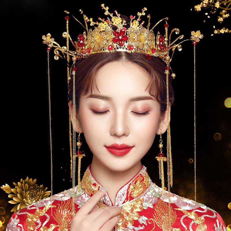2022 new brides' ancient clothes wedding heads decorated with Chinese style retro-flow Su Fengguan Hair Accessories and Costume Accessories