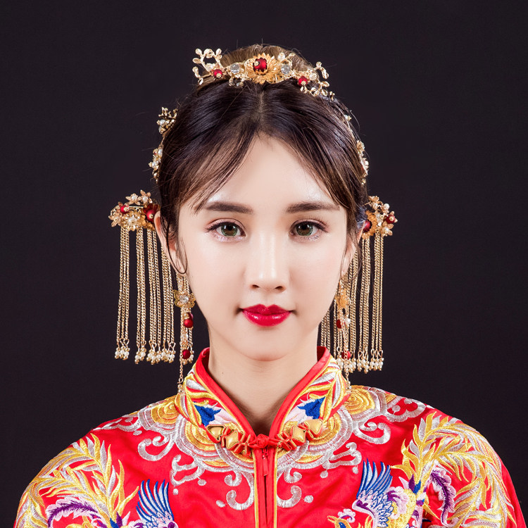 Chinese ancient costume Hanfu hair accessories bride Xiuhe clothes headdress female knot wedding suit tassel step shake toast clothes headdress