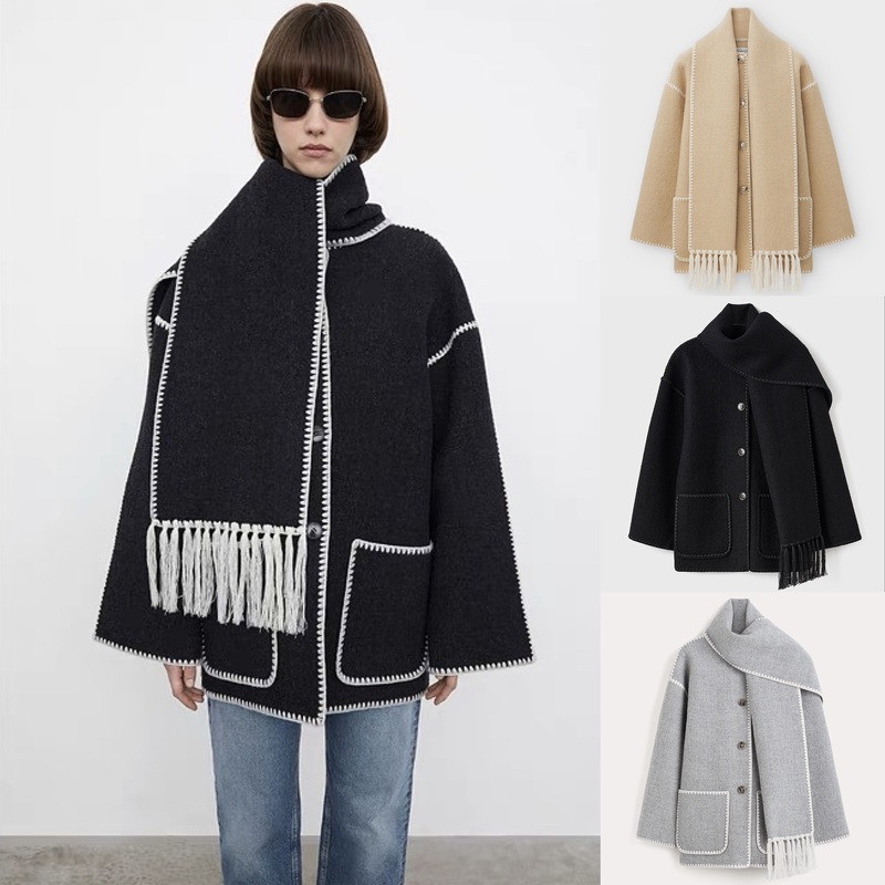 Pure Tail Nordic Ttm Scarf Collar Shell Embroidery Fringe Wool Coat Women's Color-Block Embroidered Warm Jacket