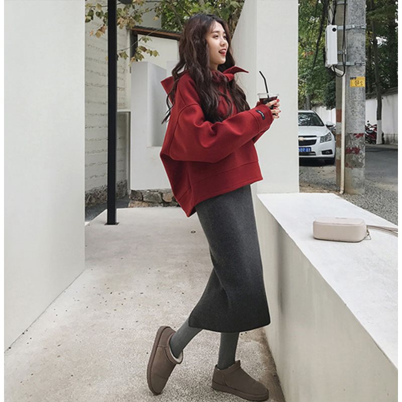 Sandro bassa red suit dress woman 2021 New winter new Lianhood Sports shirt half body dress Two sets