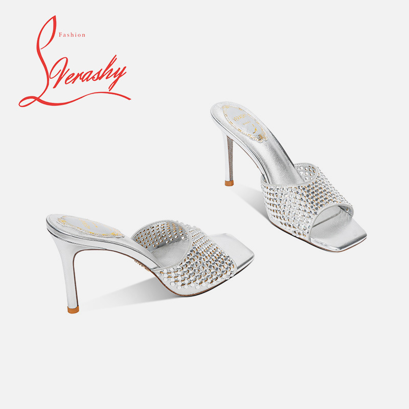 Silver Sandals for Women 2025 Summer New Style Rhinestone Outer Wear Slip-On Stiletto Heel 6-8cm Square Toe High Heels Slippers Silver Sandals for Women 2025 Summer New Style Rhinestone Outer Wear Slip-On Stiletto Heel 6-8cm Square Toe High Heels Slippers
