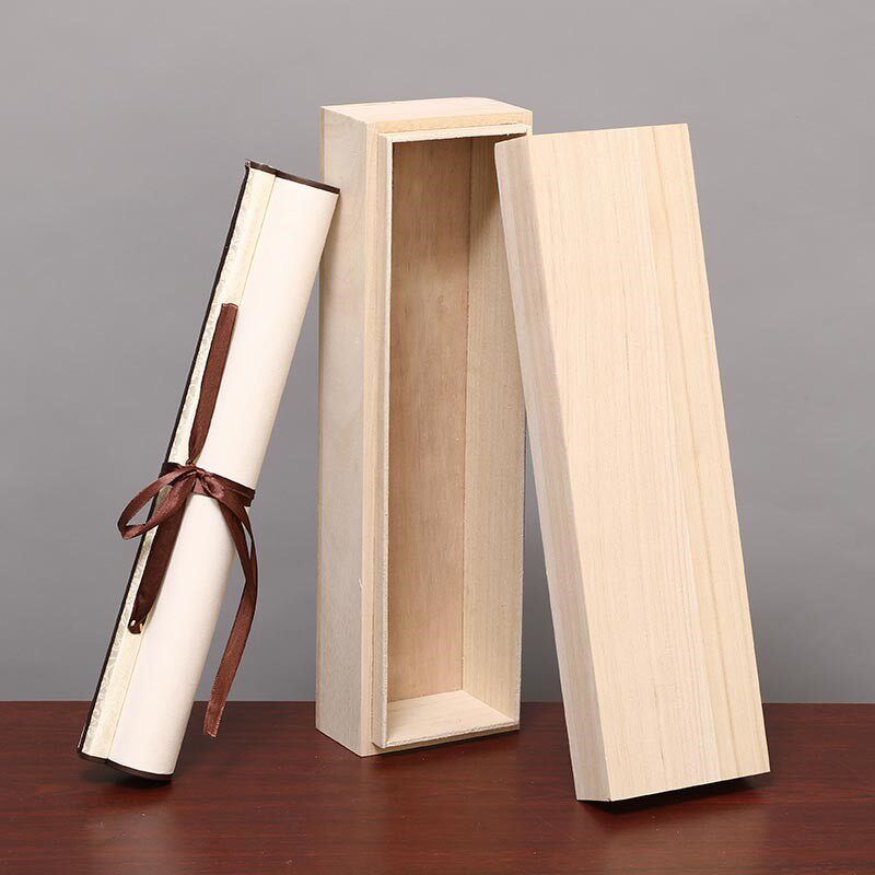 High-quality solid wood box calligraphy and painting box round corrugated rectangular scroll wooden calligraphy and painting shaft large gift box collection box